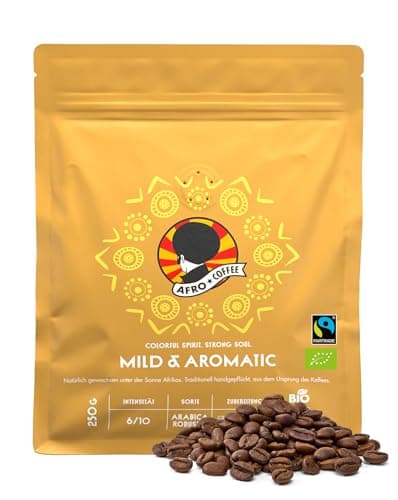 AFRO COFFEE Mild & Aromatic I 250g Premium Bio Kaffeebohnen Fairtrade I Arabica & Robusta Kaffee ganze Bohnen I Bohnenkaffee aus Ostafrika mit blumiger Note I handgepflückt, mittel geröstet, säurearm Bio Öko