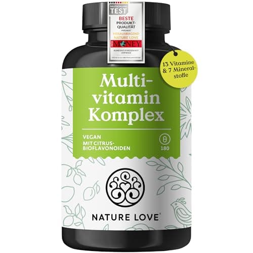 Nature Love Multivitamin Komplex – 180 vegane Kapseln – Vitamine A-Z & Mineralstoffe – mit Grünteeextrakt und Citrus-Bioflavonoiden – hochdosiert und mit Bioaktiv-Formen – laborgeprüft Bio Öko Vegan