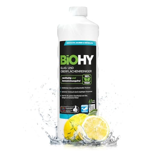 BiOHY Glas- und Oberflächenreiniger (1l Flasche) | Glasreiniger Konzentrat für streifenfreien Glanz | ergiebiger Glas & Kunststoffreiniger | Fettlöser & Kalkreiniger | ideal für Fenster & Küche Bio
