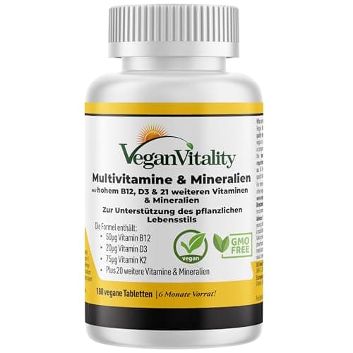 Vegan Multivitamin Tabletten hochdosiert - Vitamin b12 vegan & Eisen. 180 Multivitamin Tabletten Nahrungsergänzungsmittel - 6 Monate Vegan & Vegetarier - Alle Vitamine in einer Tablette Bio Vegan