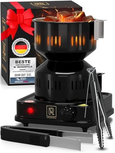 M. ROSENFELD Shisha Kohleanzünder Elektrischer – FIRE Tower 3.0 Kohlenanzünder mit extra langem 150cm Kabel, abnehmbarem Kohlekorb und 2 Zangen. 304er Stahl Spirale für längere Haltbarkeit!