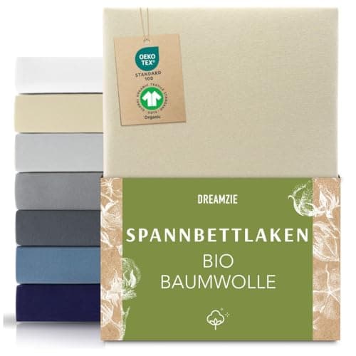 Dreamzie Premium Spannbettlaken 90x200cm bis 100x200cm Beige, Spannbetttuch aus 100% Jersey Biobaumwolle, 150 g/m² - Oeko-TEX Bio Öko