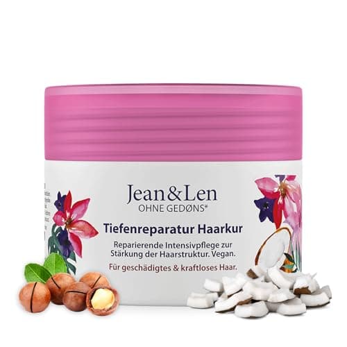Jean & Len Tiefenreparatur Haarkur Kokosöl & Macadamia, für stark geschädigtes Haar, wirkt Haarbruch entgegen, Kokos & Macadamia Duft, ohne Parabene und Silikone, vegan, 250ml Öko Vegan