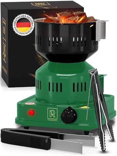 M. ROSENFELD Shisha Kohleanzünder Elektrischer – FIRE Tower 3.0 Kohlenanzünder mit extra langem 150cm Kabel, abnehmbarem Kohlekorb und 2 Zangen. 304er Stahl Spirale für längere Haltbarkeit! Grün