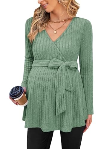 FMEYOA Damen Umstands-Shirt, langärmelig, Schwangerschafts-Top, lässig, V-Ausschnitt, gerippt, gestrickt, Schwangerschaftsblusen, Hellgrün, Small Öko