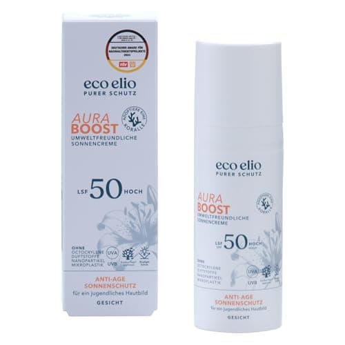 Eco Elio LSF 50 Nachhaltige Sonnencreme 50ml "Aura Boost" - Ohne Octocrylene und Mikroplastik I Sunscreen Face für Gesicht I Reisegröße Klein Öko