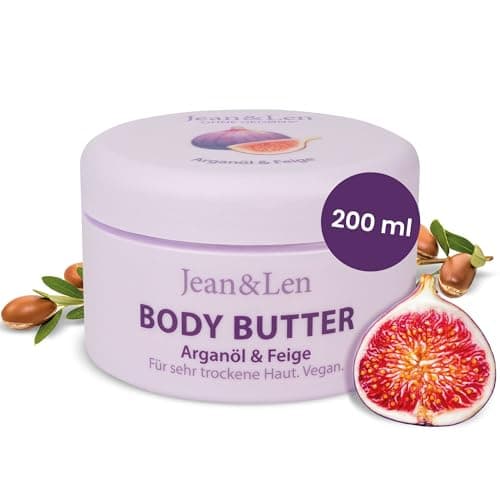 Jean & Len Verwöhnende Body Butter Arganöl & Feige, pH-hautideal, mit verwöhnendem Feigen-Duft, Körperbutter, ohne Parabene & Silikone, 200 ml (verpackung kann variieren) Öko Vegan