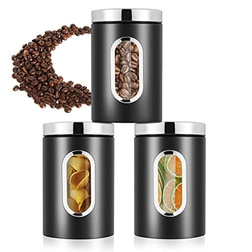 JOYBOY Vorratsdose,Vorratsbehälter mit Sichtfenster,3 Stück Edelstahl Vorratsdosen Set,für Getreide,Kaffeebohnen,Tee,Snacks(Schwarz) Öko