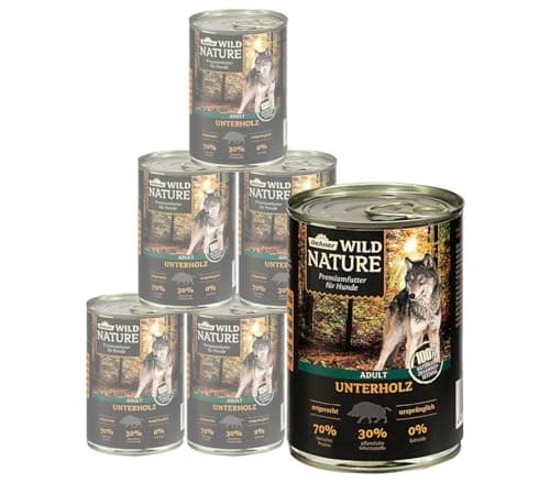 Dehner Wild Nature Hundefutter Unterholz, Nassfutter getreidefrei / zuckerfrei, für ausgewachsene Hunde, Rind / Wildschwein / Lamm, 6 x 400 g Dose (2.4 kg) Vegan