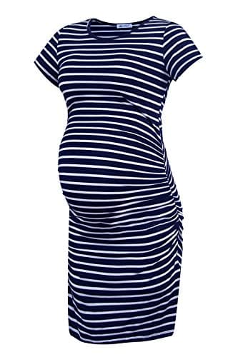 Smallshow Damen Umstandskleid Kurzarm Umstandsmode Kleid Sommer,Navy Stripe,M