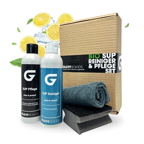 GLORY BOARDS® Bio SUP Reinigungs- & Pflege-Set (2 x 250 ml) – vegan, mikroplastikfrei, UV-Schutz & Zitronenduft – inkl. Schwamm & Tuch – Made in Austria Bio Öko Vegan
