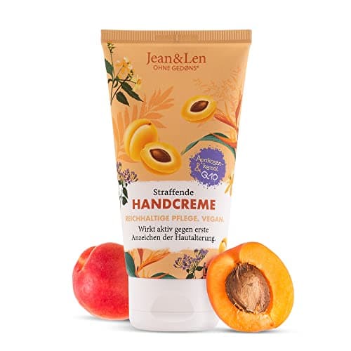 Jean & Len Straffende Handcreme Aprikosenkernöl/Q10, reichhaltige Pflege, Wirkt aktiv gegen erste Anzeichen der Hautalterung, für trockene Hände, ohne Parabene & Silikone, Handcreme Tube, 75 ml Öko Vegan