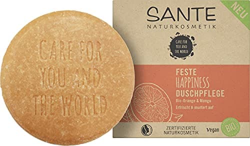 SANTE Naturkosmetik Feste Seife zum Duschen für zarte Haut, Vegane Formel mit Bio-Orange und Mango, Feste Happiness Duschpflege, 1 x 80 g