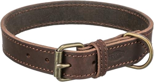 TRIXIE Rustic Halsband Leder Größe L: Halsumfang 48–56 cm/30 mm in Dunkelbraun - genähtes Lederhalsband für mittelgroße Hunde, in klassischem Design, schonendes Anleinen, 19008