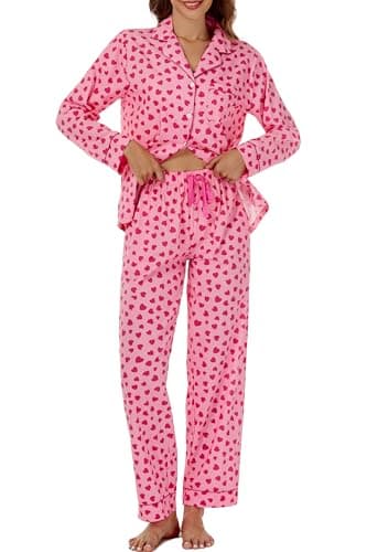 LUBOT Schlafanzug für Damen Gewebt, 100% Baumwolle Lang Pyjamas mit Knopfleiste, Zweiteiliger Schlafanzuge für Frauen Winter, knitterfrei & atmungsaktiv (rosiges Herz, M)