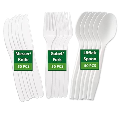 BIODORF Umweltfreundliche Mehrweg Besteck | 150 Stück (je 50 Kompostierbare Gabel, Messer, Löffel) | Stabiler als einweg Besteck | Für Partys, Feiern & Feste Bio Öko
