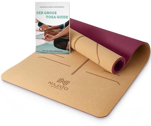 NAJATO Sports Yogamatte Kork – Rutschfeste Yoga Matte mit Tragegurt & E-Book (PDF Datei) – Trainingsmatte 183 x 65 x 0,6 cm – Nachhaltige Gymnastikmatte Öko