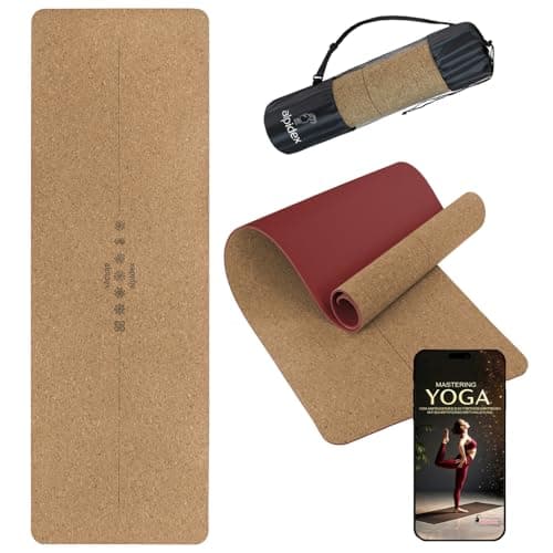 ALPIDEX Kork Yogamatte 183 x 61 x 0.6 cm E-Book Fitness Pilates Matte Schadstofffrei rutschfest Tragetasche Hilfslinien Natürlicher Kork Yoga Mat, Bordeaux Öko
