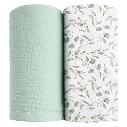 MiuK!ns Musselin Baby Pucktuch 100% Baumwolle 120x120cm Mullwindeln Baby Decke weich atmungsaktiv Swaddle Wrap für Unisex Neugeborenen Jungen Mädchen (Grüne Blätter) Öko