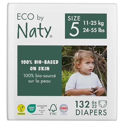 Eco by Naty Baby Öko Windeln - umweltfreundliche Premium-Bio Windeln aus pflanzenbasierten Materialien, ideal für empfindliche Babyhaut (Größe 5 - 132 Stück) - MONATSBOX Bio Öko Vegan