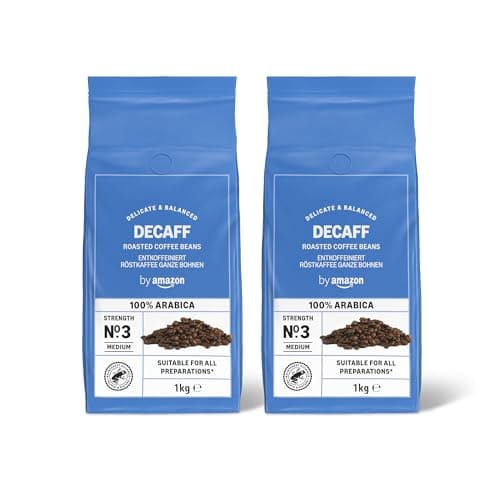by Amazon Kaffeebohnen, entkoffeiniert, Lichte Röstung, 2 kg (2 Packungen mit 1 kg), Rainforest Alliance zertifiziert