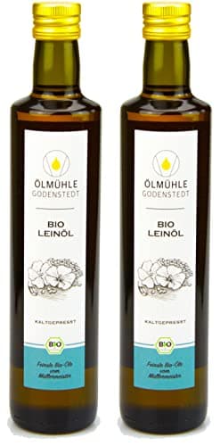 Bio Leinöl 1000ml (2x500ml) 1Liter - stets frisch kaltgepresst aus Bio Leinsaat, milder Geschmack, mit Öko-Strom in Deutschland hergestellt, direkt aus der Ölmühle Godenstedt Bio Öko Vegan