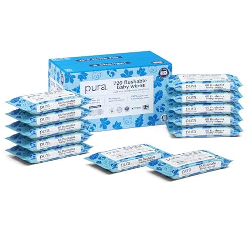 Pura Spülbare Öko-Baby-Feuchttücher für empfindliche Babyhaut, 720 Tücher (12 x 60 Tücher), Monatsbox, 99% Wasser, 100% Plastikfrei, für Sensible, zu Ekzemen Neigende Haut, Biologisch Abbaubar Bio Öko