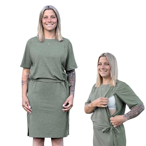 Soulmum Stillkleid – Weiches Stillkleid aus Bambusjersey und Bio Baumwolle – Stillfreundliches Umstandskleid für Schwangerschaft & Stillzeit – Umstandsmode & Stilloberteile (Melange grün-grau Größe:L) Bio Öko