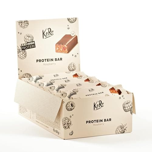 KoRo - Veganer Bio Proteinriegel Raspberry 12 x 50 g - Mit gefriergetrockneten Himbeeren - Umhüllt mit dunkler Schokolade - Hoher Ballaststoff- und Proteingehalt Bio Vegan