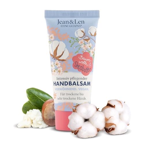 Jean & Len – Handbalsam Baumwolle & Sheabutter, Handpflege für trockene bis sehr trockene Hände, pflegt intensiv und ist dabei besonders mild, ohne Parabene & Silikone, vegan, Mini Handcreme, 20 ml Öko Vegan