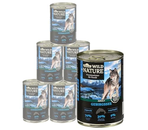 Dehner Wild Nature Hundefutter Gebirgssee, Nassfutter getreidefrei / zuckerfrei, für ausgewachsene Hunde, Lachs / Huhn, 6 x 400 g Dose (2.4 kg) Vegan