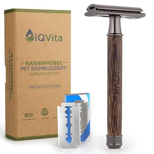 iQVita® Premium Rasierhobel mit Griff aus Bambus - Rasierer Damen - inkl. 10 Rasierklingen - Nassrasierer - geschlossener Kamm - umweltfreundlich & nachhaltig - Zero Waste - inkl. eBook Öko