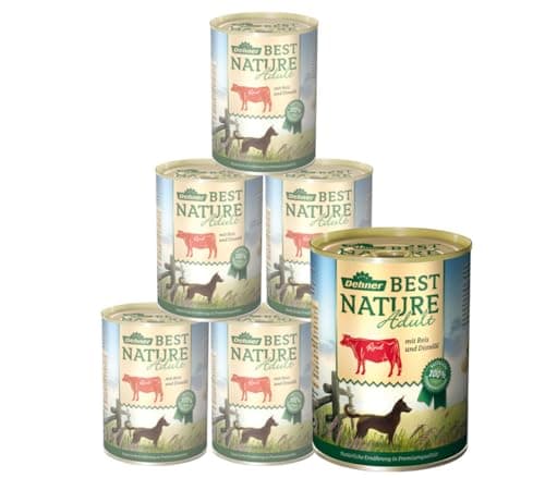 Dehner Best Nature Hundefutter, Nassfutter getreidefrei, für ausgewachsene Hunde, Rind / Reis / Distelöl, 6 x 400 g Dose (2.4 kg)