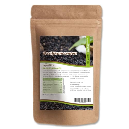 Mynatura Basilikumsamen ganz 500g I Basilikum I Samen I Smoothie I Vegan I Gewürz I Rohkost I Salatdressing I Falooda I Beutel (1x 500g) Vegan