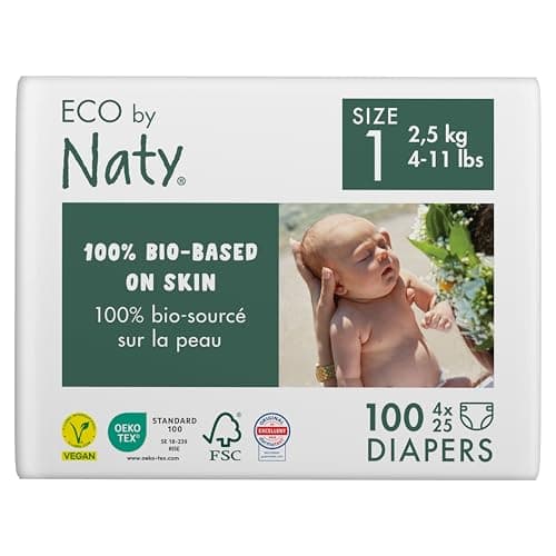 Eco by Naty Baby Öko Windeln - umweltfreundliche Premium-Bio Windeln aus pflanzenbasierten Materialien, ideal für empfindliche Babyhaut (Größe 1 - 100 Stück) - MONATSBOX Bio Öko Vegan