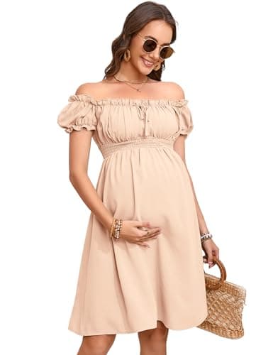 KOJOOIN Umstandskleid Damen Kurzarm Schwangerschafts Kleid Sommer Schwangerschaftskleid Off Schulter Aprikose M
