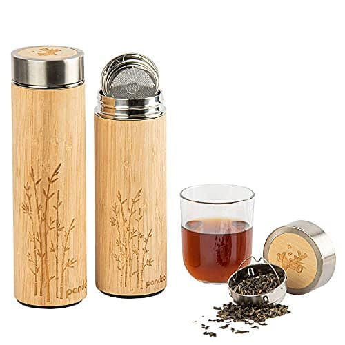 pandoo Bambus Thermobecher - doppelwandige Thermoflasche, Reisebecher, Teebereiter, Teeflasche, Trinkflasche mit Edelstahl Teesieb- BPA-frei - Tea to-go Öko
