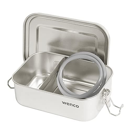 wenco Lunchbox aus Edelstahl, Mit 2 Fächern, Brotdose klein mit 650 ml Fassungsvermögen, Wasserdicht, Spülmaschinengeeignet, inkl. Ersatz-Silikonring, 15 x 11,3 x 5 cm, Silber