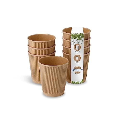 BIOZOYG 50 Stück Kaffeebecher isolierte Pappbecher 200ml / 8 oz Ø 80 mm braun - geriffelt plastikfrei nachhaltige Materialien - Einwegbecher Glühweinbecher