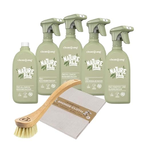 Cleangang Nature All Reinigungsmittel Set - 100% Bio, nachhaltig & Mikroplastikfrei - Badreiniger, Küchenreiniger, Universalreiniger, Glasreiniger, Bodenreiniger, Schwammtuch & Geschirrspülbürste Bio Öko Vegan