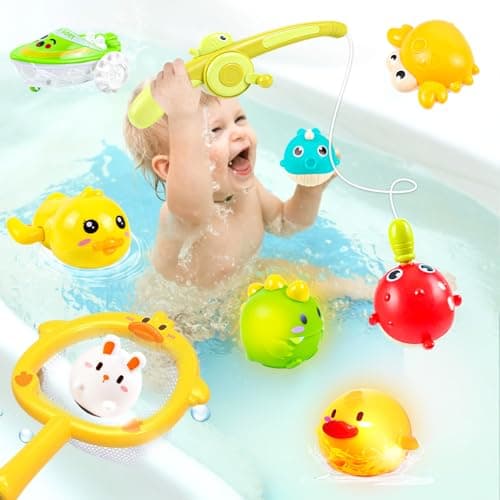 Badewannenspielzeug ab 3 Jahre | Magnetische Angel + Leuchtende Tierbälle & Aufzieh-Ente/Boot | Lernspielzeug für Motorik & Farben, Sicher & Robust (10 Teile)