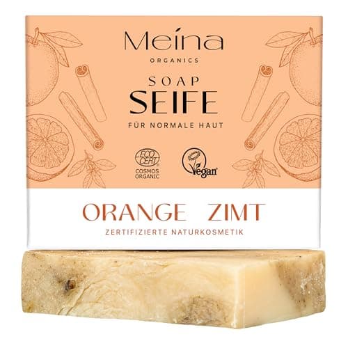Meina Naturkosmetik - Naturseife, Bio Seife mit Orange und Zimt ohne Palmöl, Zertifiziert, Vegan, Nachhaltig, Handgemacht, Wie ein festes Duschgel - 100g Bio Öko Vegan