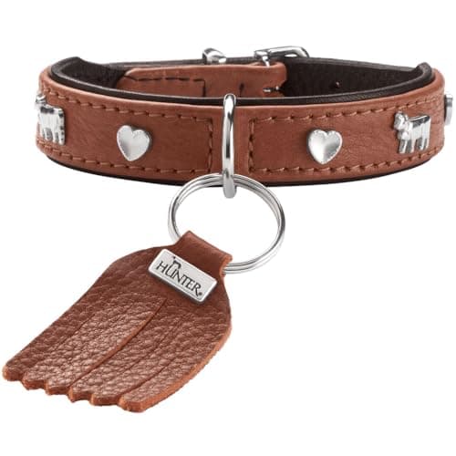 HUNTER Hundehalsband MÜNCHEN MINI, Farbe: Cognac/schwarz, für kleine Hunde und Welpen, Leder, edle Trachten-Details, weich und robust, fellschonend, luxuriös, nachhaltig, Made in Germany, Größe: 27 Bio Öko