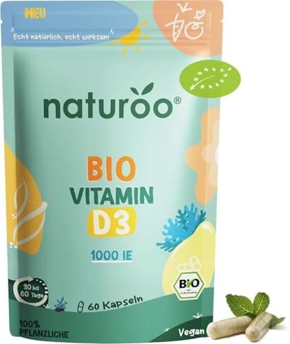 Bio Vitamin D : 100% Natürlich & Hochwertig | 60 Kapseln vegan hochdosiert | bio Vitamin D3 mit Flechtenextrakt für 2 Monate, für Männer und Frauen Bio Öko Vegan