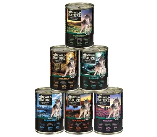 Dehner Wild Nature Hundefutter Probier-Set, Nassfutter getreidefrei / zuckerfrei, für ausgewachsene Hunde, Ente / Pferd / Wild / Kaninchen, 6 x 400 g Dose (2.4 kg)