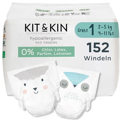 Kit & Kin Premium Öko-Windeln Größe 1 für Neugeborene (2-5 kg) 152 Windeln, Pflanzliche & Hypoallergene Babywindeln, Zuverlässiger Auslaufschutz, Vegan & tierversuchsfrei Öko Vegan