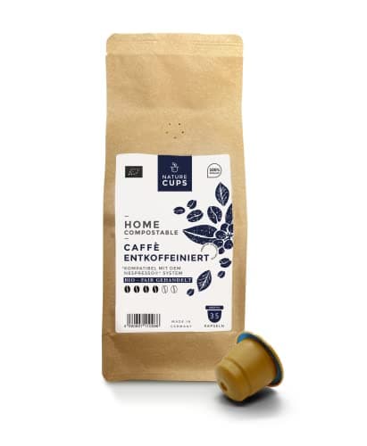 NATURE CUPS Kaffee-Kapseln, kompostierbar, Nespresso-kompatibel, ohne Koffein, säurearm, mild, ohne Lösungsmittel, Entkoffeiniert, 35 Kapseln