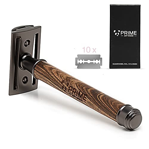 PRIME ART WOOD Rasierhobel Herren & Damen inkl. 10 Rasierklingen mit Griff aus Zebraholz I Nachhaltiger Rasierer, Leaf Razor, Nassrasierer Herren Öko