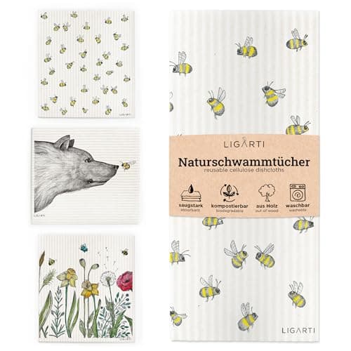 Ligarti Schwammtücher aus Holz (100% öko & waschbar) 3er Set Spültücher nachhaltig kompostierbar I Allzwecktücher für den Haushalt Made in Germany I Spüllappen, Spülschwamm (Bienen & Blümchen) Bio Öko