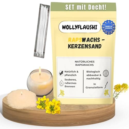 wollyflaushi Rapswachs Kerzensand 1kg Set mit Docht – pflanzliches Kerzenwachs aus Rapsöl, natürlicher Duft, rußarmes Brennen & mehrfach verwendbares Wachsgranulat Bio Öko Vegan